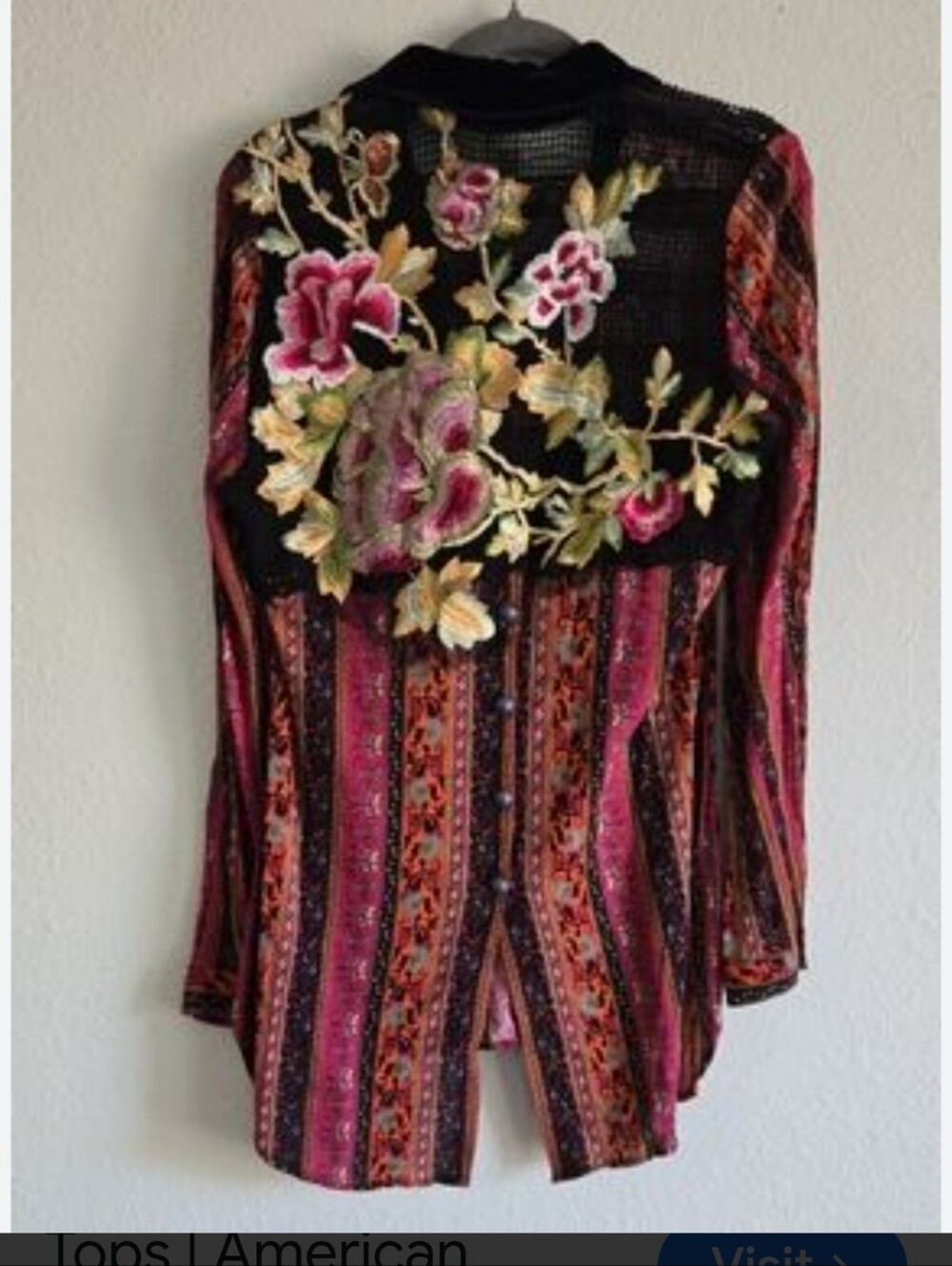 American Apparel Black Striped Blouse with Pink Floral Applique